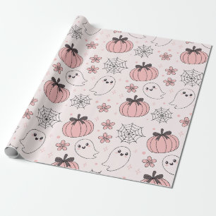 Papier Cadeau Kawaii Halloween rose Fantômes et Citrouilles