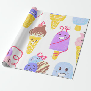 Papier Cadeau Kawaii Ice Creams Motif, Kawaii Caractère Ice Cr