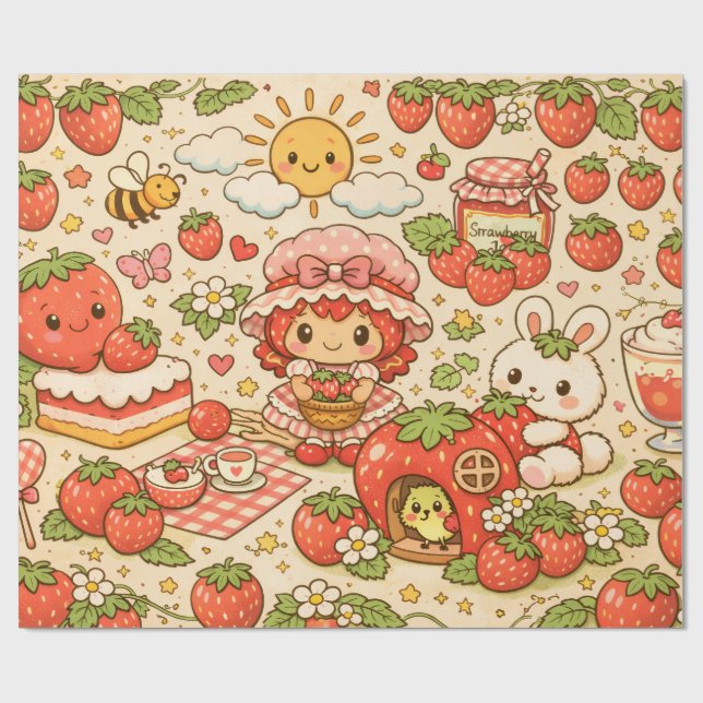 Papier Cadeau Kawaii Strawberry Picnic Wrapping Paper (Plat)