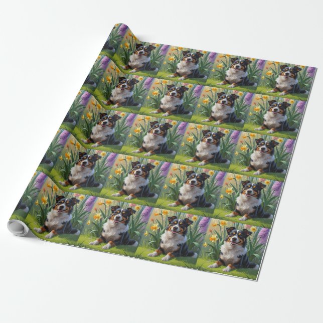 Papier Cadeau Kelpie australienne Fleurs de printemps de chien P (Déroulé)