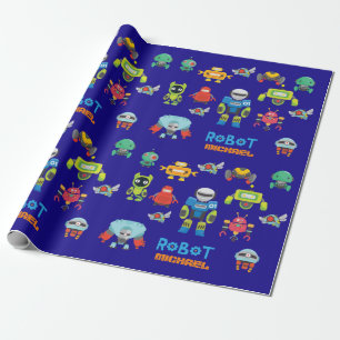 Papier Cadeau Kids ROBOT nommé Royal Blue Cartoon Drôle Robots