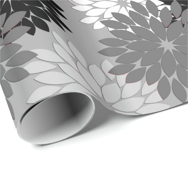 Papier Cadeau Kimono floral moderne Imprimer, gris, noir et blan (Coin rond)