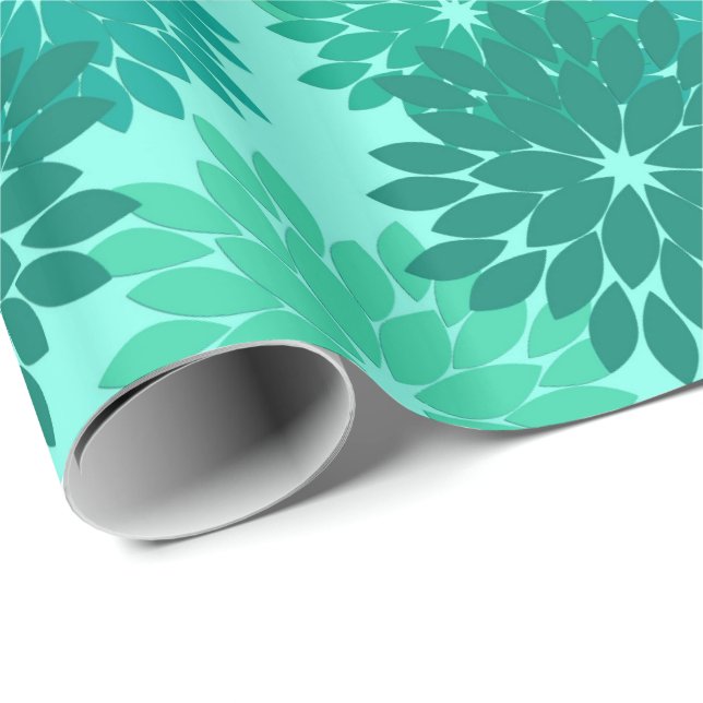 Papier Cadeau Kimono Floral moderne Imprimer, Turquoise, Turquoi (Coin rond)