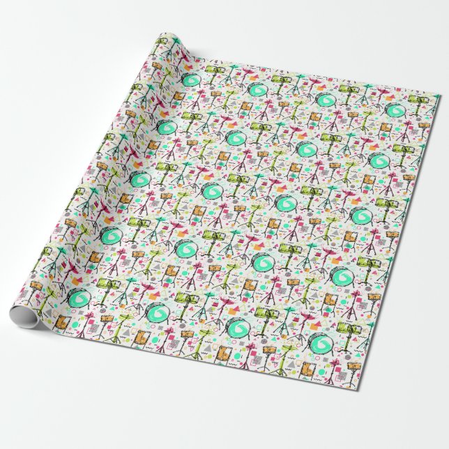 Papier Cadeau Kit Tambour : Aquarelle Memphis Retro. (Déroulé)