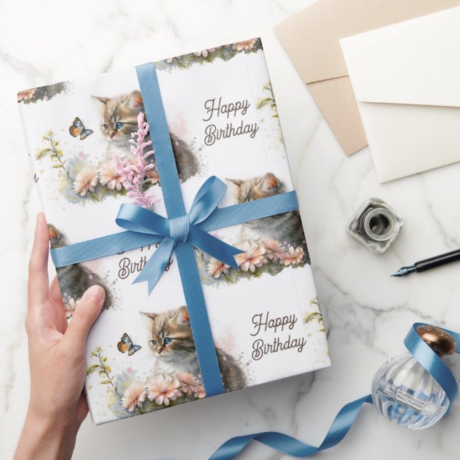 Papier Cadeau Kitten d'anniversaire avec papillon (Cadeaux)