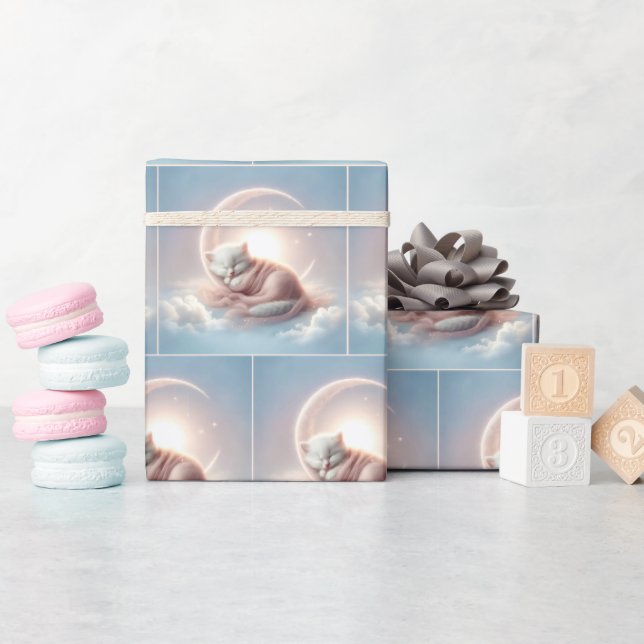 Papier Cadeau Kitten dormant sur une lune de croissant (Baby Shower)