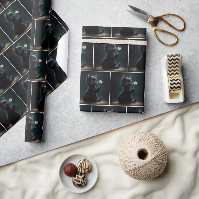 Papier Cadeau Kitten noir avec marguerite blanche (Artisanat)