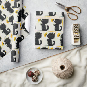 Papier Cadeau Kitten noir avec marguerite jaune