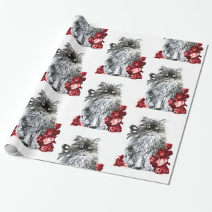 Papier Cadeau KITTY CAT / KITTEN AVEC ROSES ROSES ROUGES Noir Bl