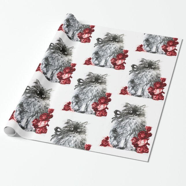 Papier Cadeau KITTY CAT / KITTEN AVEC ROSES ROSES ROUGES Noir Bl (Déroulé)