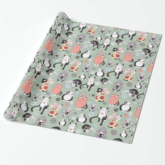 Papier Cadeau Kitty Chats Amoureux de les chats Enveloppement Pa (Déroulé)