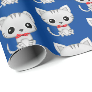 Papier Cadeau Kitty gris sur bleu