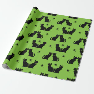 Papier Cadeau Kitty noir rétro sur papier d'emballage vert