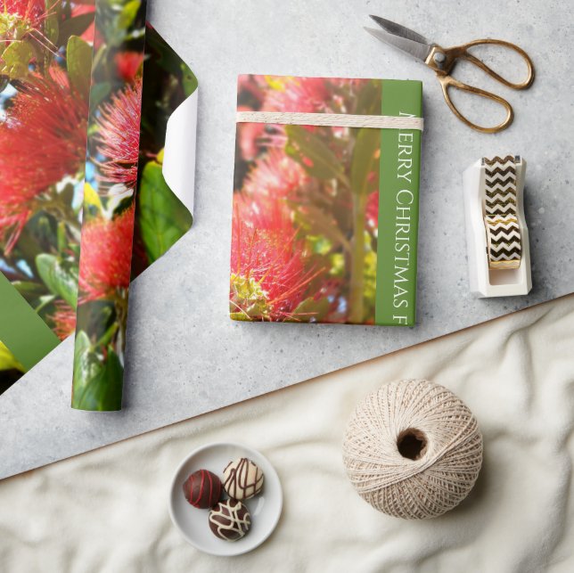 PAPIER CADEAU KIWI NZ ROUGE VERT POHUTUKAWA FLEURS XMAS MESSAGE (Artisanat)