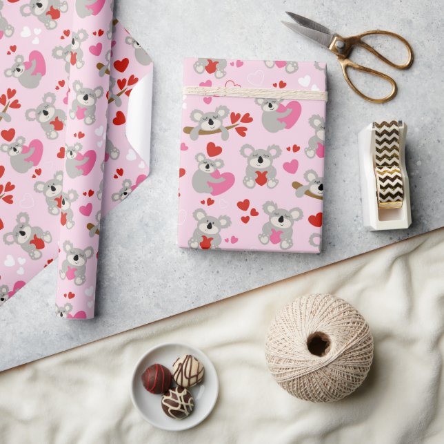 Papier Cadeau Koala Bears Saint Valentin Coeurs rouges roses (Artisanat)