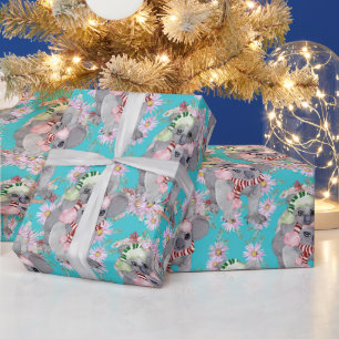 Papier Cadeau Koala Noël Botanique Vintage Bleu