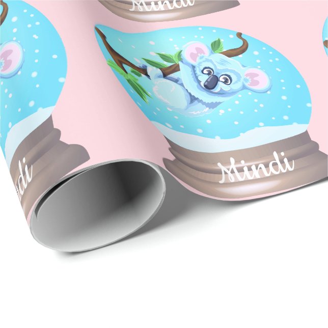 Papier Cadeau Koala ours mignon globe neigeux rose girly (Coin rond)