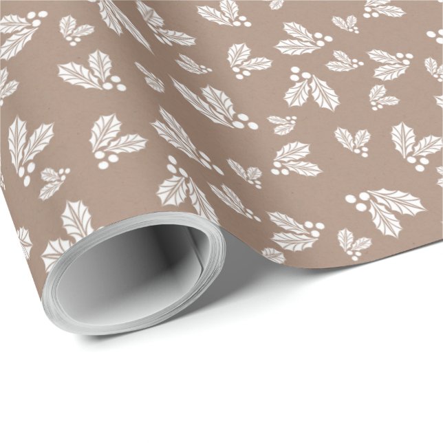 Papier Cadeau Kraft hiver blanc Noël Holly Élégant (Coin rond)