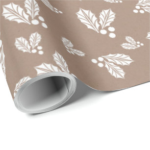 Papier Cadeau Kraft hiver blanc Noël Holly Élégant