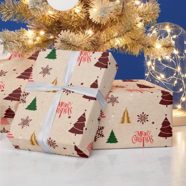 Papier Cadeau Kraft Modern Christmas Tree and Snow flakes Cadeau (Vacances)