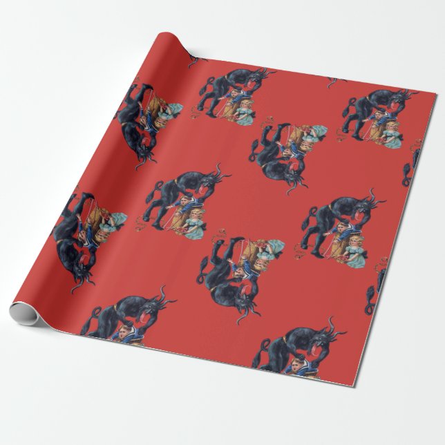 Papier Cadeau krampus de Noël antique rouge (Déroulé)