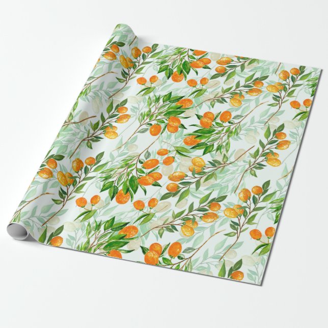 Papier Cadeau Kumquat Tropical Summer Fruit Motif sur Mint (Déroulé)