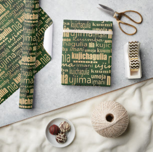 Papier Cadeau Kwanzaa Sept Principes (Vert/Or)