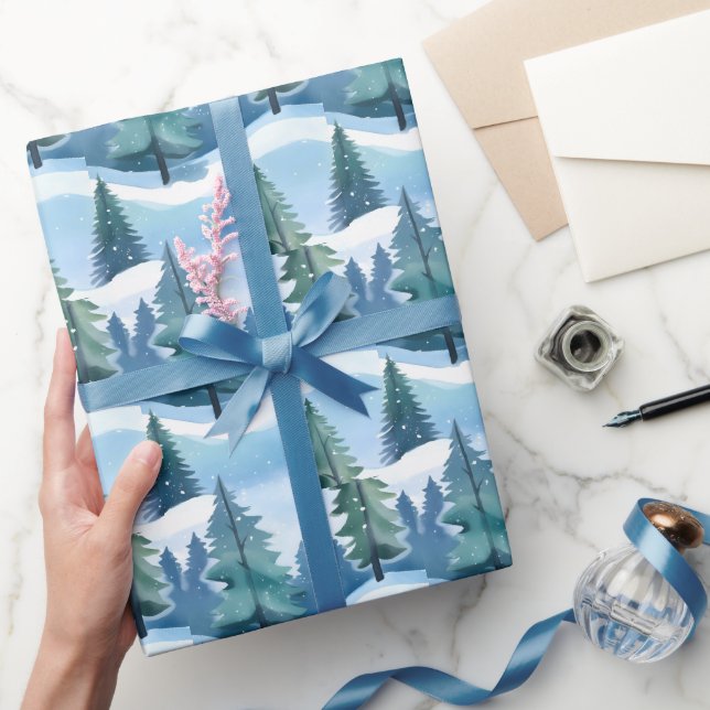 Papier Cadeau La pinède neigeuse | Aquarelle d'hiver (Cadeaux)