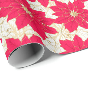 Papier Cadeau La poinsettia rouge avec de l'or tourbillonne des