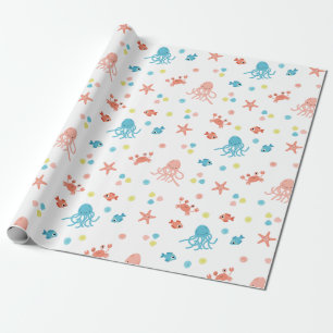 Papier Cadeau La vie d'océan - motif de calmars et d'étoiles d