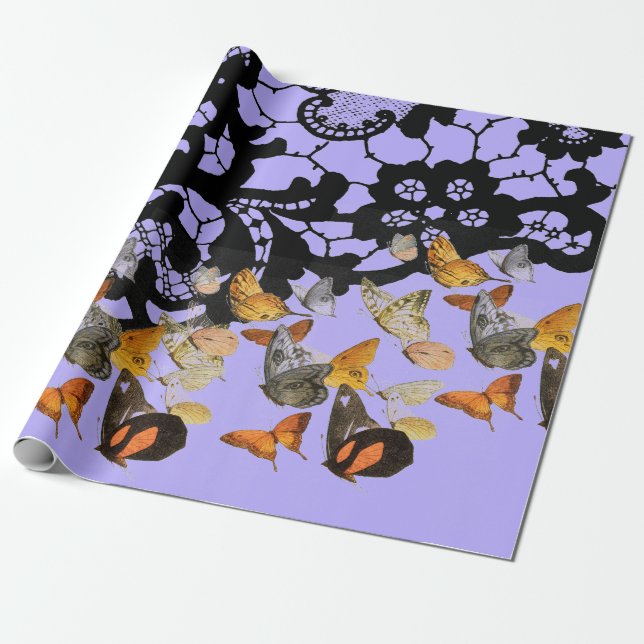 PAPIER CADEAU LACE NOIRE ET BOUTTERFLITS EN BOUTEILLE DE CADEAUX (Déroulé)