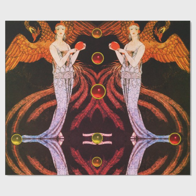 Papier Cadeau LADY PHOENIX ART DÉCO BEAUTÉ MODE Orange Noir (Plat)