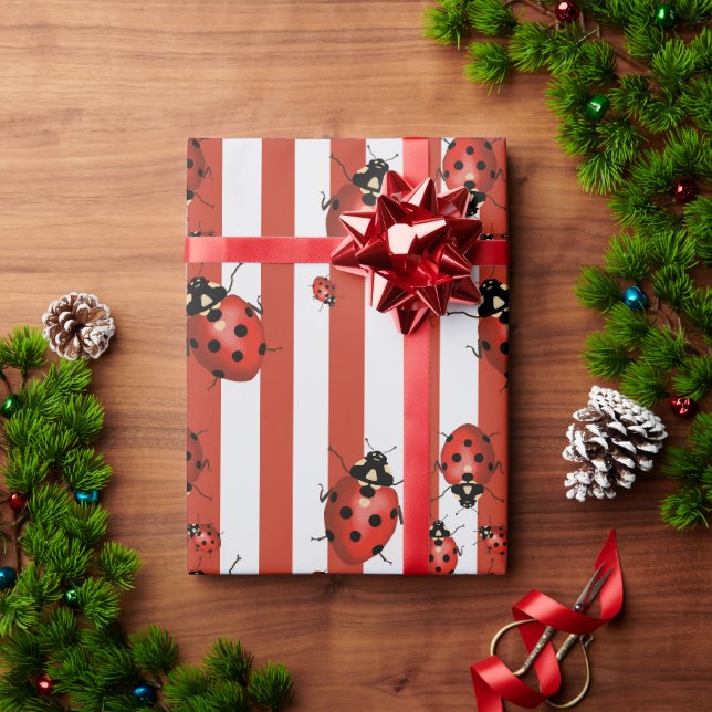 Papier Cadeau Ladybug rayé rouge et blanc (Cadeau de vacances)