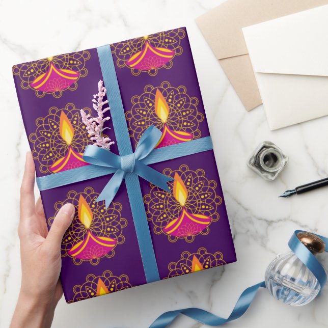 Papier Cadeau Lampe Diwali Diya jaune violet Élégant (Cadeaux)