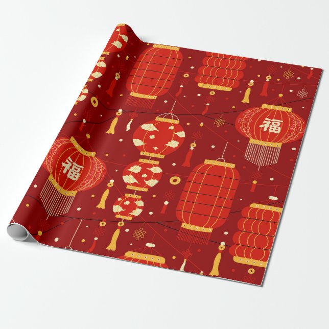 Papier Cadeau Lampes chinoises du Nouvel An enveloppant du papie (Déroulé)