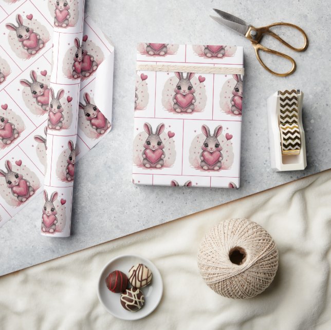 Papier Cadeau Lapin Aquarelle Au Coeur Rose (Artisanat)