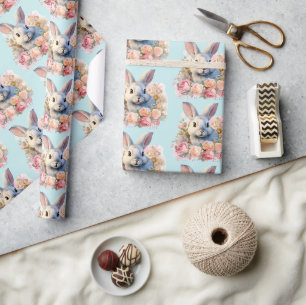 Papier Cadeau Lapin avec une guirlande de roses motif mignon