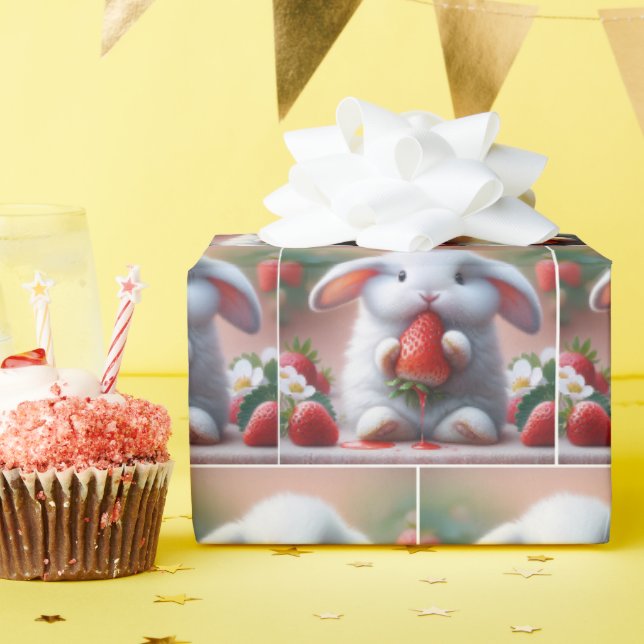 Papier Cadeau Lapin Blanc À La Fraise Juteuse (Fête d'anniversaire)