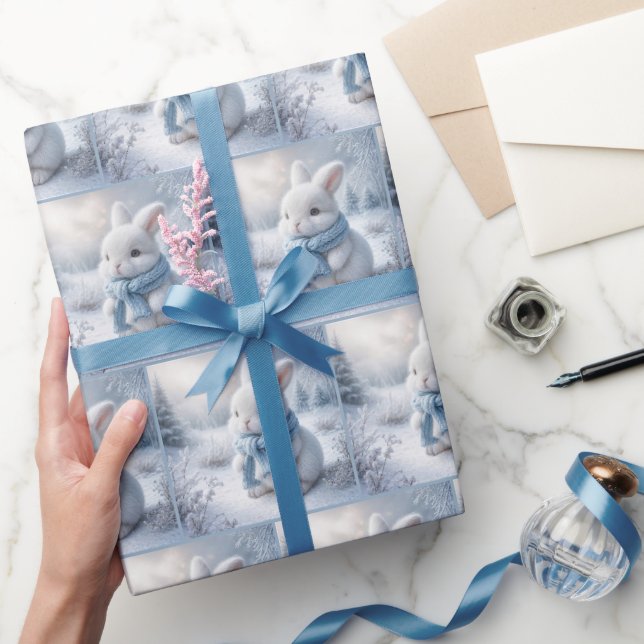 Papier Cadeau Lapin Blanc Avec Écharpe Hiver (Cadeaux)