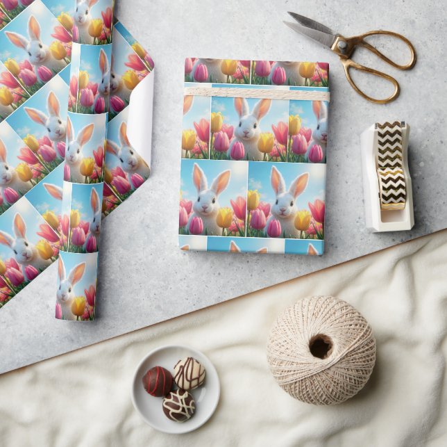 Papier Cadeau Lapin blanc dans un jardin de tulipes (Artisanat)