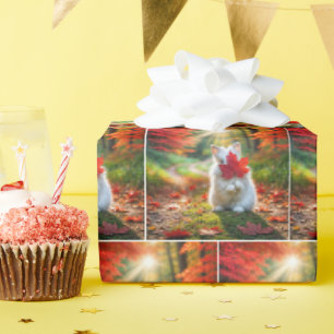 Papier Cadeau Lapin blanc se cachant derrière une feuille d'érab
