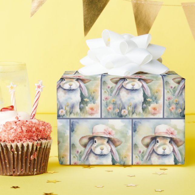 Papier Cadeau Lapin d'aquarelle portant un Bonnet (Fête d'anniversaire)