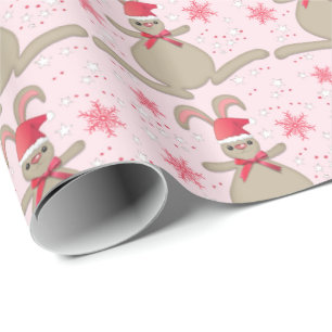 Papier Cadeau Lapin de Noël Lapin Santa Hat Pink Noël