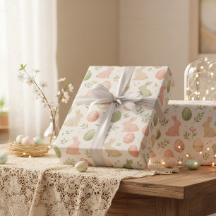 Papier Cadeau Lapin de Pâques à l'aquarelle et œufs pastel