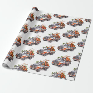 Papier Cadeau Lapin de Pâques en camion vintage rustique