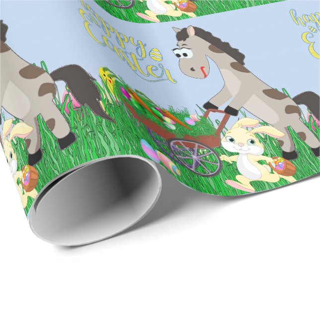 Papier Cadeau Lapin de Pâques et Cheval ramassant les oeufs et l (Coin rond)