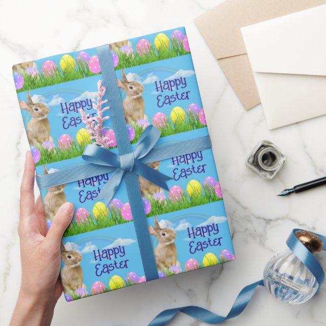 Papier Cadeau Lapin de Pâques et Oeufs avec arc-en-ciel (Cadeaux)