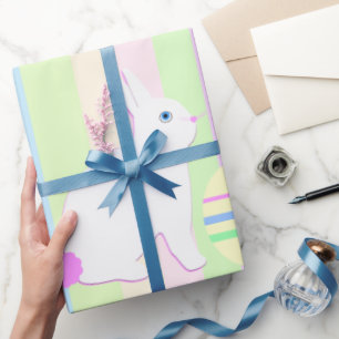 Papier Cadeau Lapin de Pâques heureux et œufs sur rayures