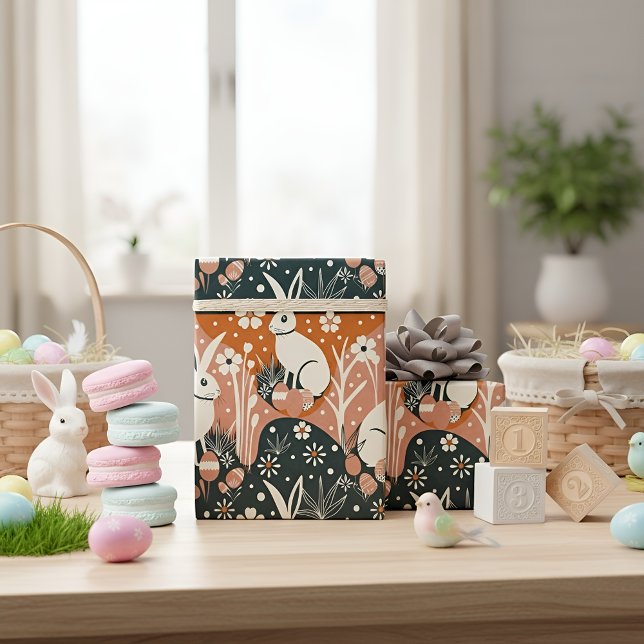 Papier Cadeau Lapin de Pâques moderne (Cute Easter bunny gift wrap with spring florals for festive baskets and treats.)
