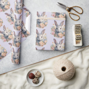 Papier Cadeau Lapin Entouré de Fleurs Pastel Motif Mignon